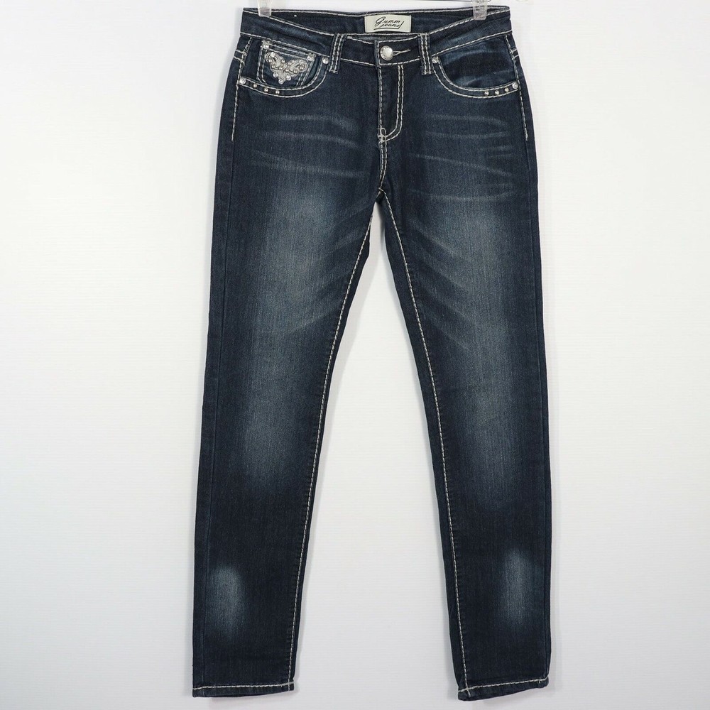 Gumm Junior Womens Embellished Jeans 5/6 Flap Pockets Rhinestone Button Slim Leg